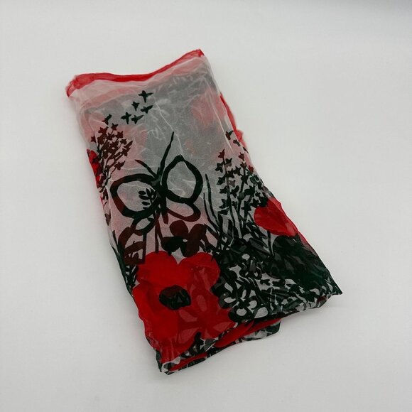 Vintage Scarf Vera Neumann Hand Rolled Edge Red Black Floral Silk Blend Japan - Picture 4 of 9